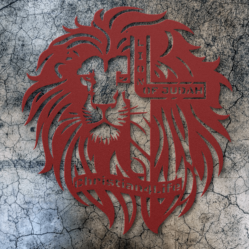 Lion of Judah, - Lion and Cross Christian die-cut metal sign, Christian Metal Sign, Christian Wall Art (red and silver)