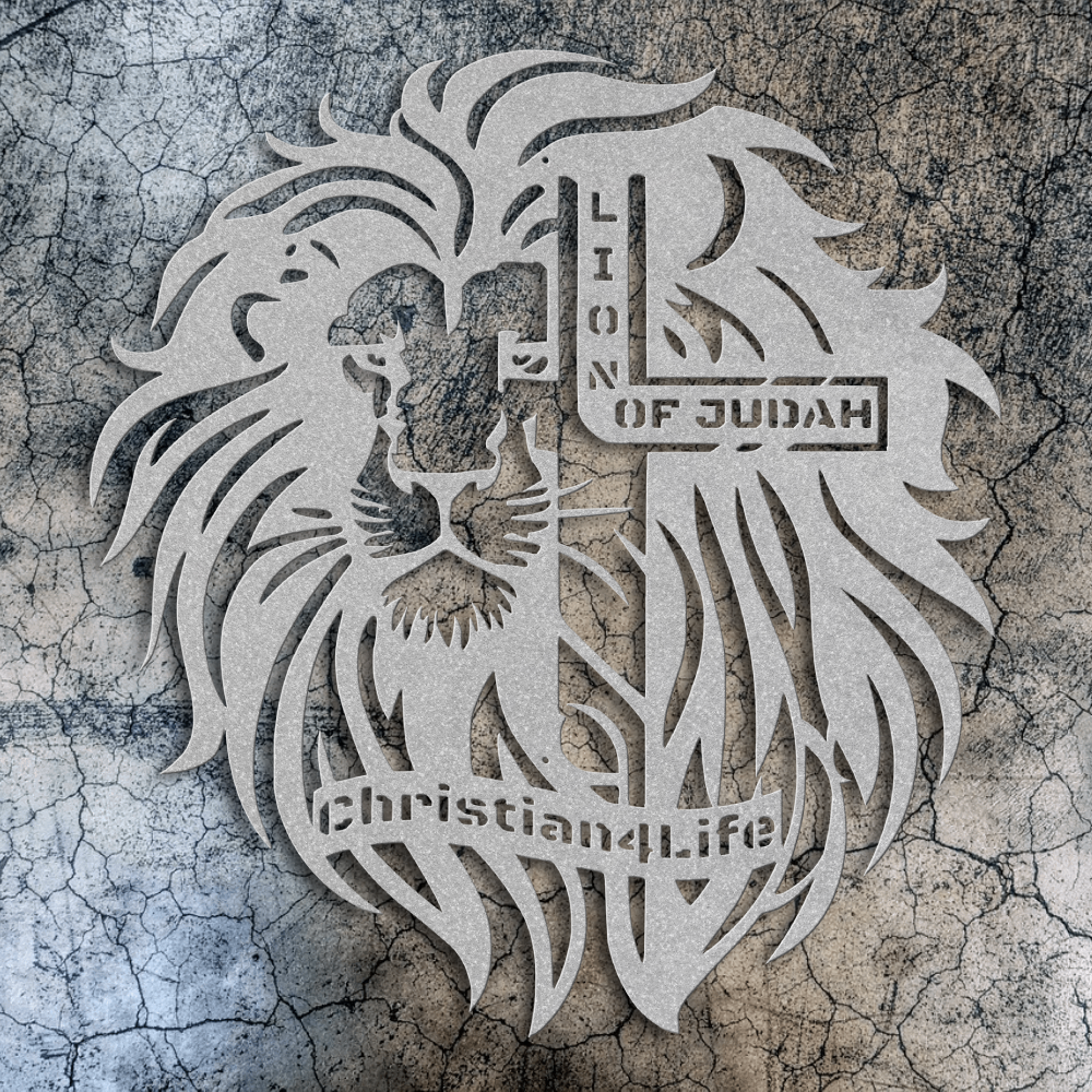 Lion of Judah, - Lion and Cross Christian die-cut metal sign, Christian Metal Sign, Christian Wall Art (red and silver)