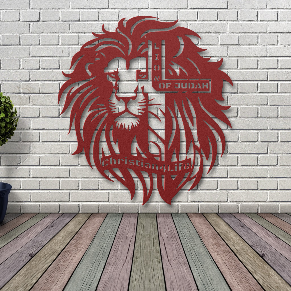 Lion of Judah, - Lion and Cross Christian die-cut metal sign, Christian Metal Sign, Christian Wall Art (red and silver)
