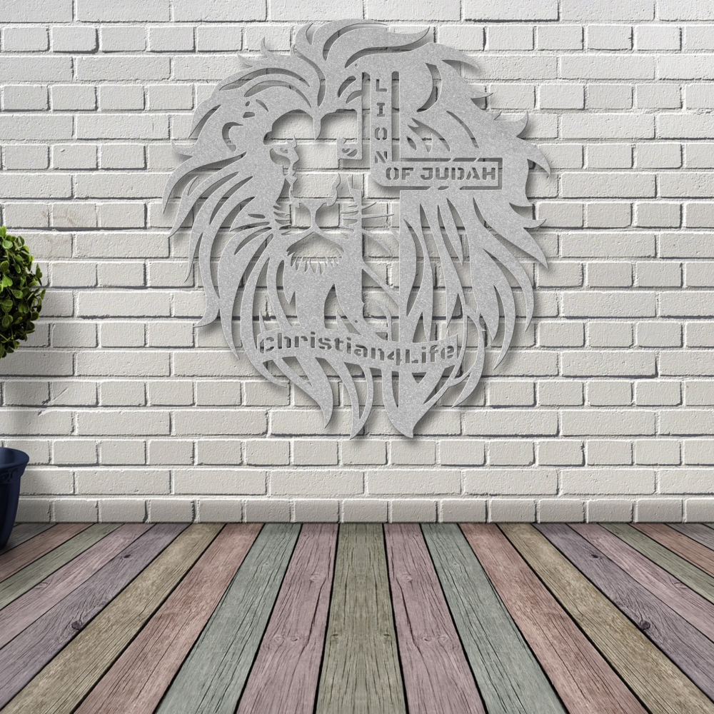 Lion of Judah, - Lion and Cross Christian die-cut metal sign, Christian Metal Sign, Christian Wall Art (red and silver)