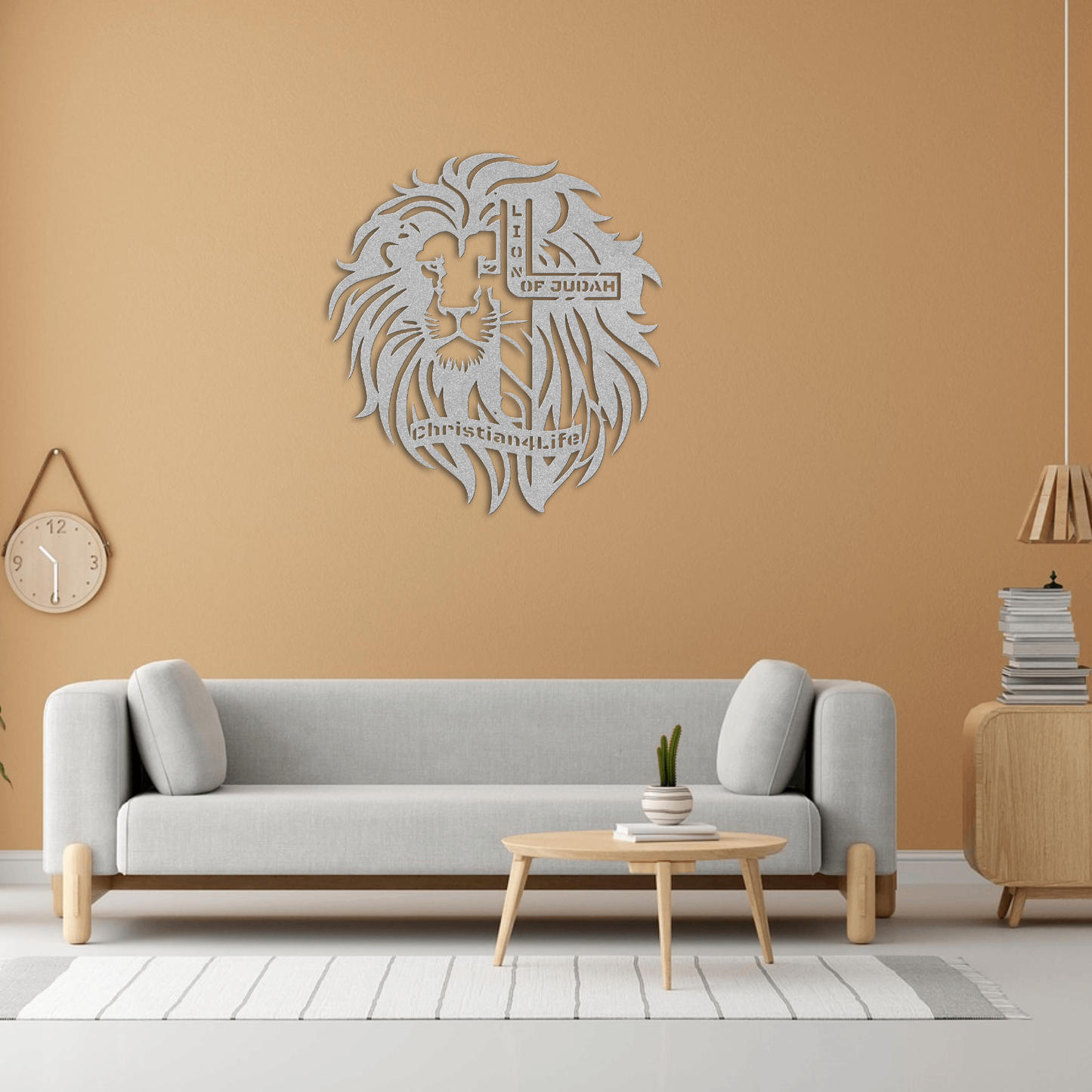 Lion of Judah, - Lion and Cross Christian die-cut metal sign, Christian Metal Sign, Christian Wall Art (red and silver)