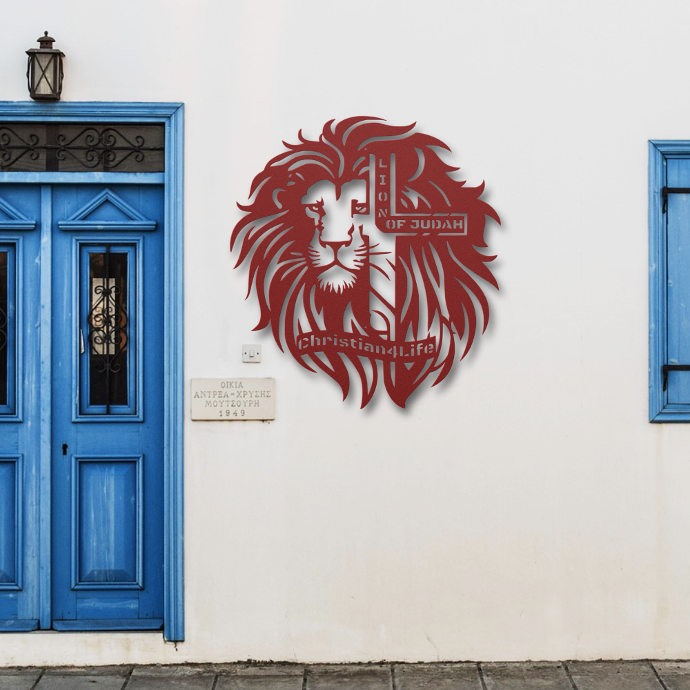 Lion of Judah, - Lion and Cross Christian die-cut metal sign, Christian Metal Sign, Christian Wall Art (red and silver)