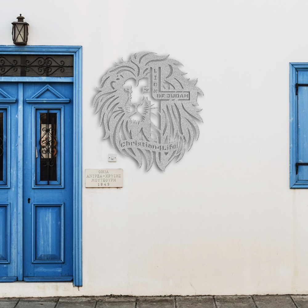 Lion of Judah, - Lion and Cross Christian die-cut metal sign, Christian Metal Sign, Christian Wall Art (red and silver)