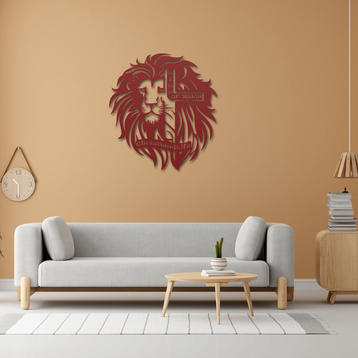 Lion of Judah, - Lion and Cross Christian die-cut metal sign, Christian Metal Sign, Christian Wall Art (red and silver)