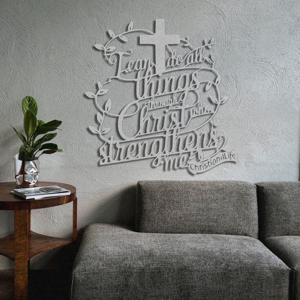 "I can do all things through Christ who strengthens me" Christian die-cut metal sign-red or silver