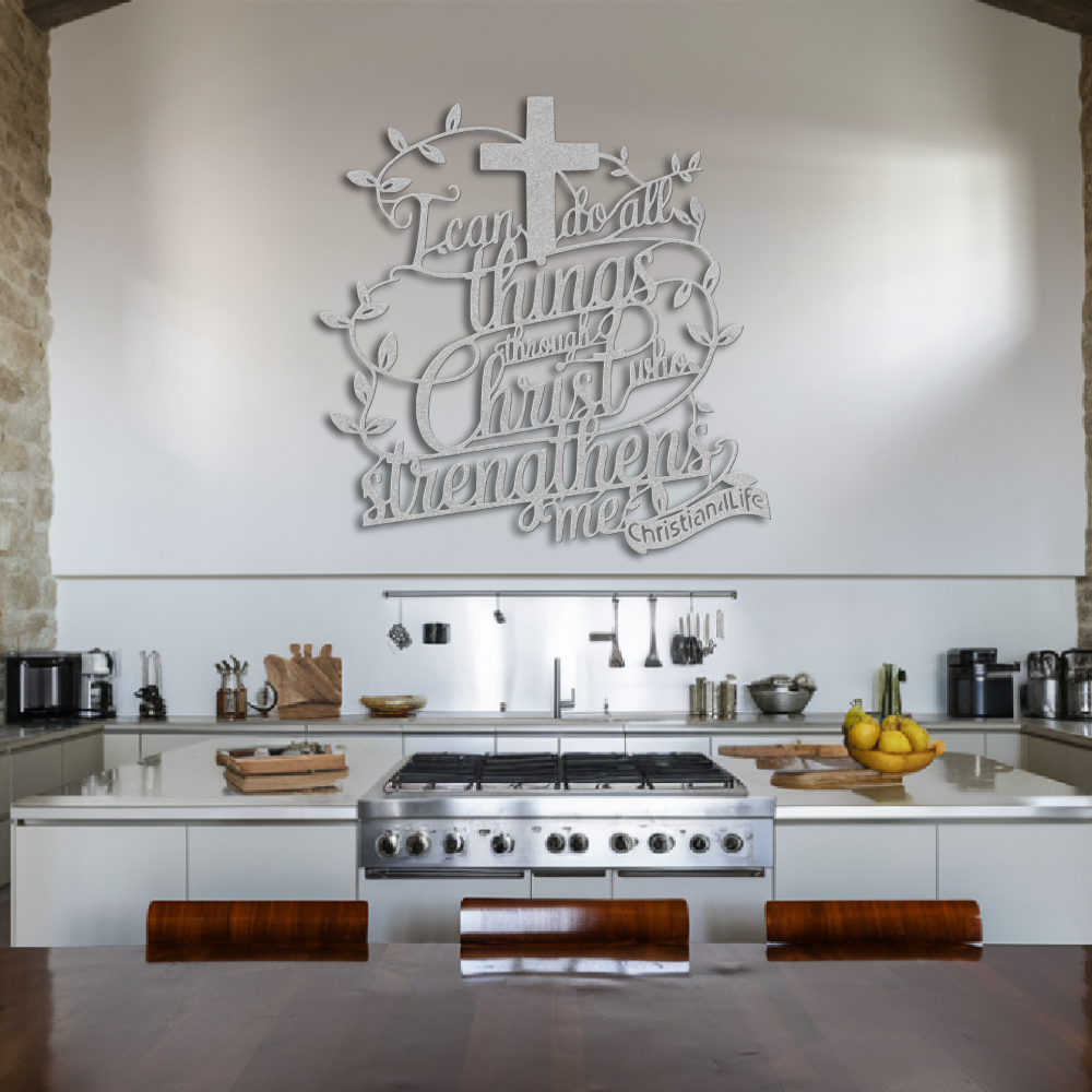 "I can do all things through Christ who strengthens me" Christian die-cut metal sign-red or silver