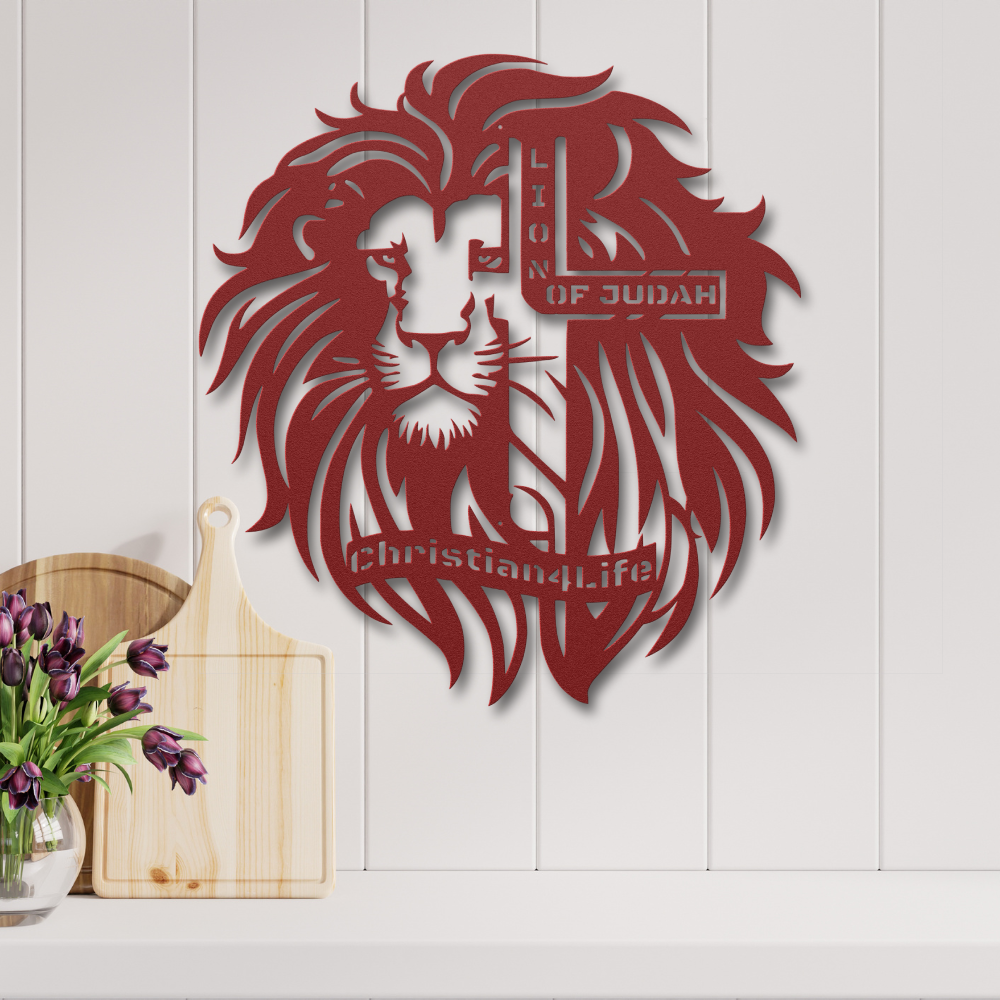 Lion of Judah, - Lion and Cross Christian die-cut metal sign, Christian Metal Sign, Christian Wall Art (red and silver)