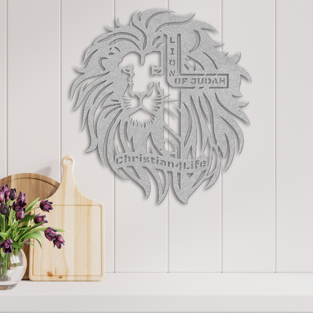 Lion of Judah, - Lion and Cross Christian die-cut metal sign, Christian Metal Sign, Christian Wall Art (red and silver)