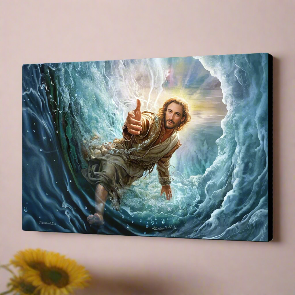 Jesus Reaches Down to Rescue and Lift You Out of the Water - Christian Gallery Wrapped Canvas Wall Art Print