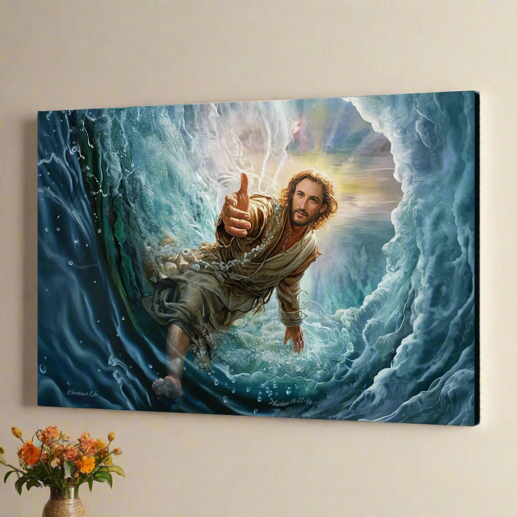 Jesus Reaches Down to Rescue and Lift You Out of the Water - Christian Gallery Wrapped Canvas Wall Art Print
