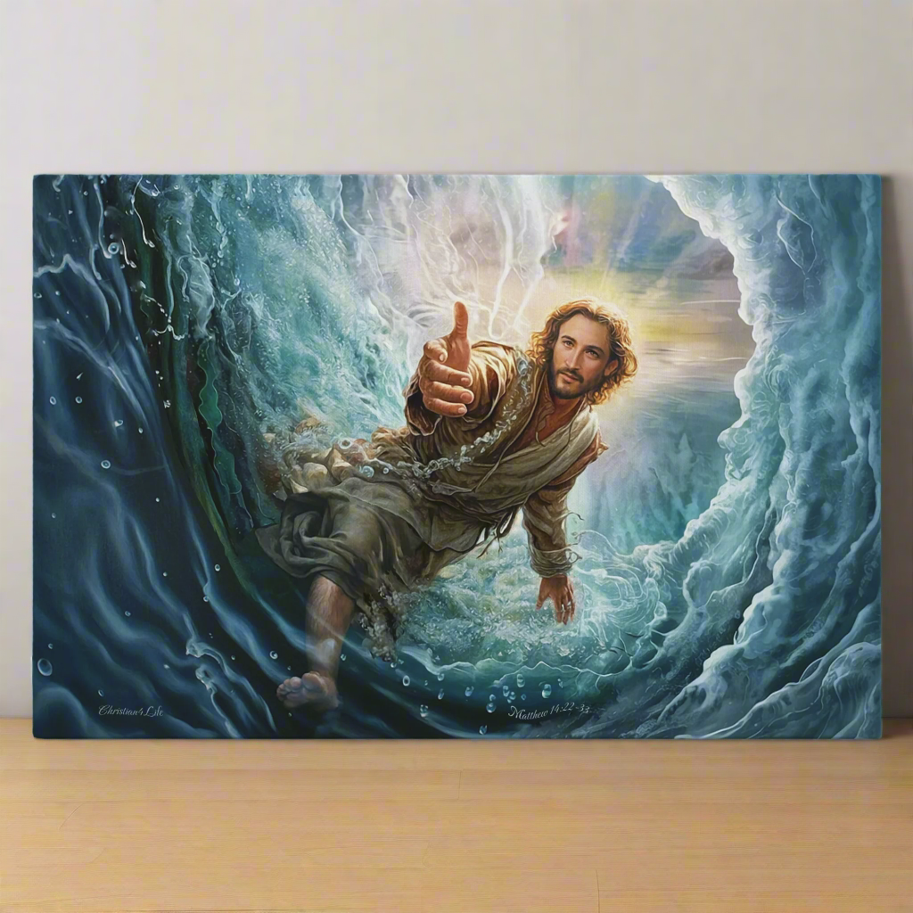Jesus Reaches Down to Rescue and Lift You Out of the Water - Christian Gallery Wrapped Canvas Wall Art Print