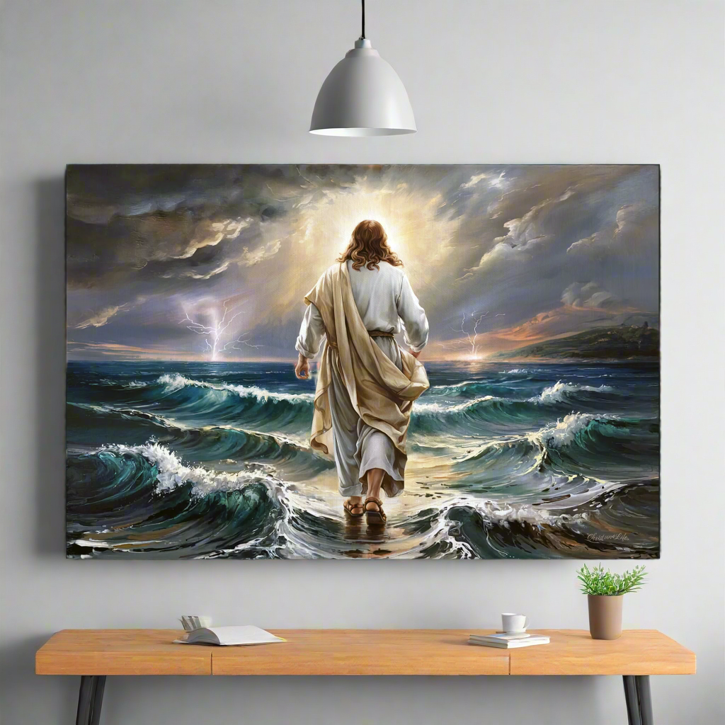 Jesus walking on water gallery-wrapped canvas, Christian Wall Art