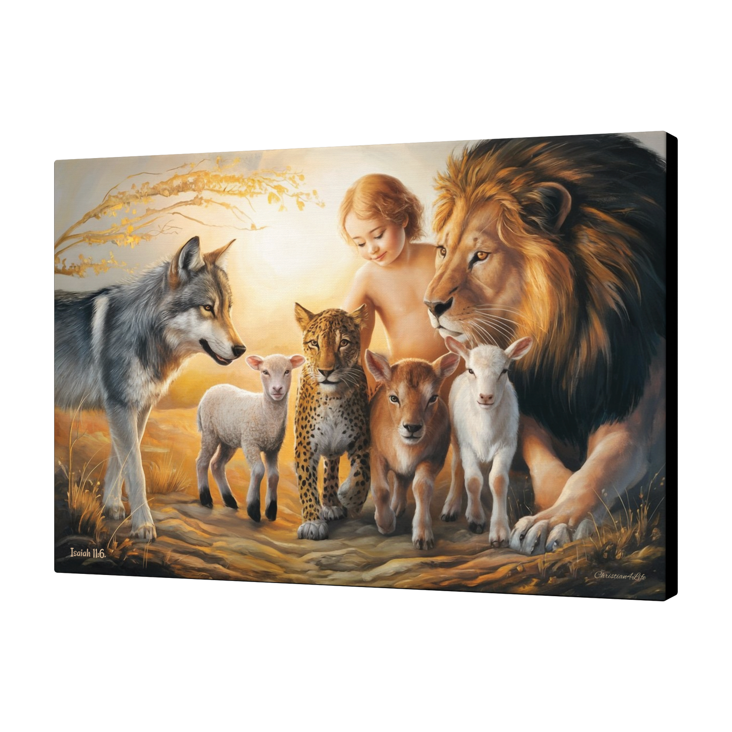 Canvas print of a child surrounded by a lion, wolf, leopard, deer, and lamb on a white background.