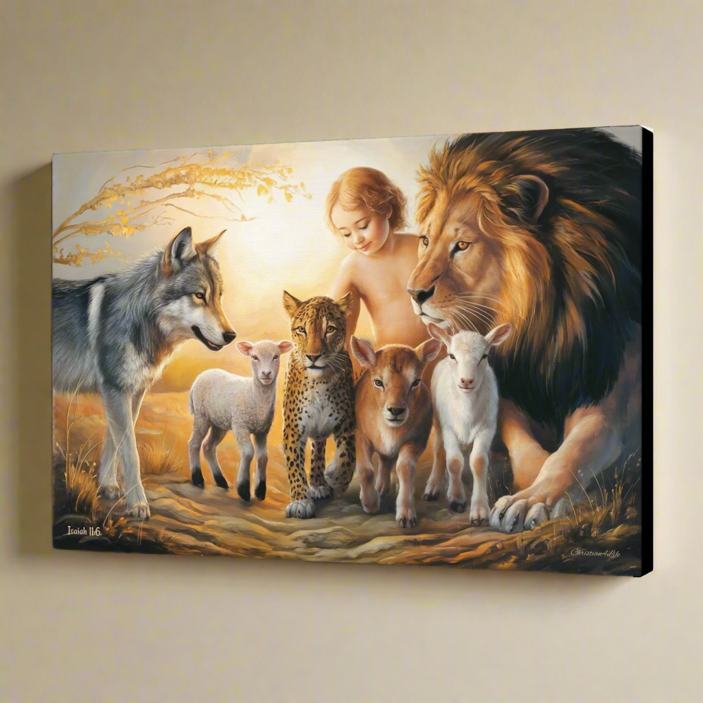 Canvas print of a child surrounded by a lion, wolf, leopard, and two lambs on a beige wall.