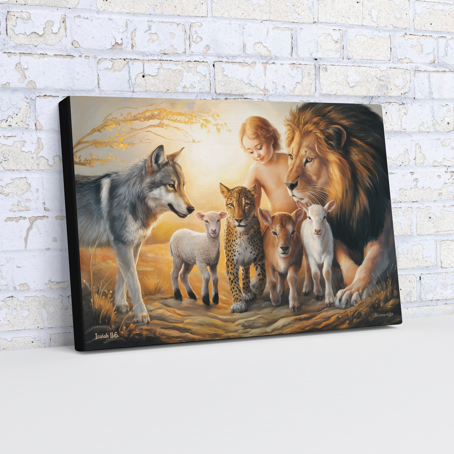Canvas print of a diverse group of animals including a lion, wolf, and leopards against a sunset background.