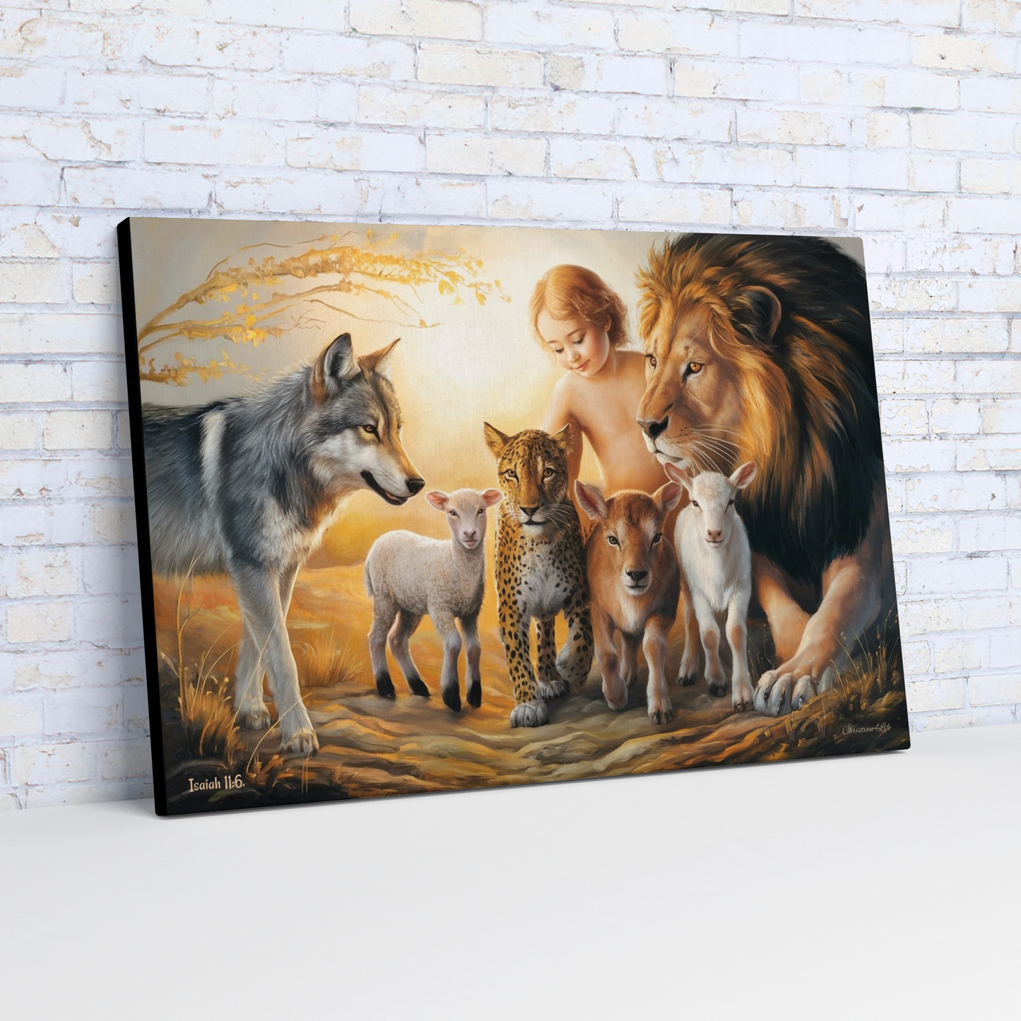 Canvas print of a woman surrounded by a lion, wolf, leopard, and lamb against a brick wall.