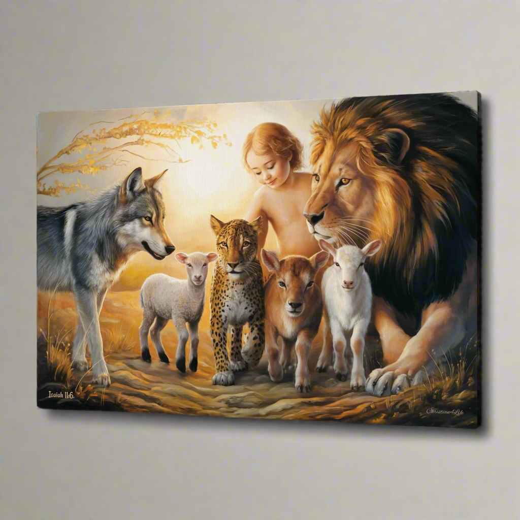 Canvas print of a diverse group of animals and a child standing together on a path.