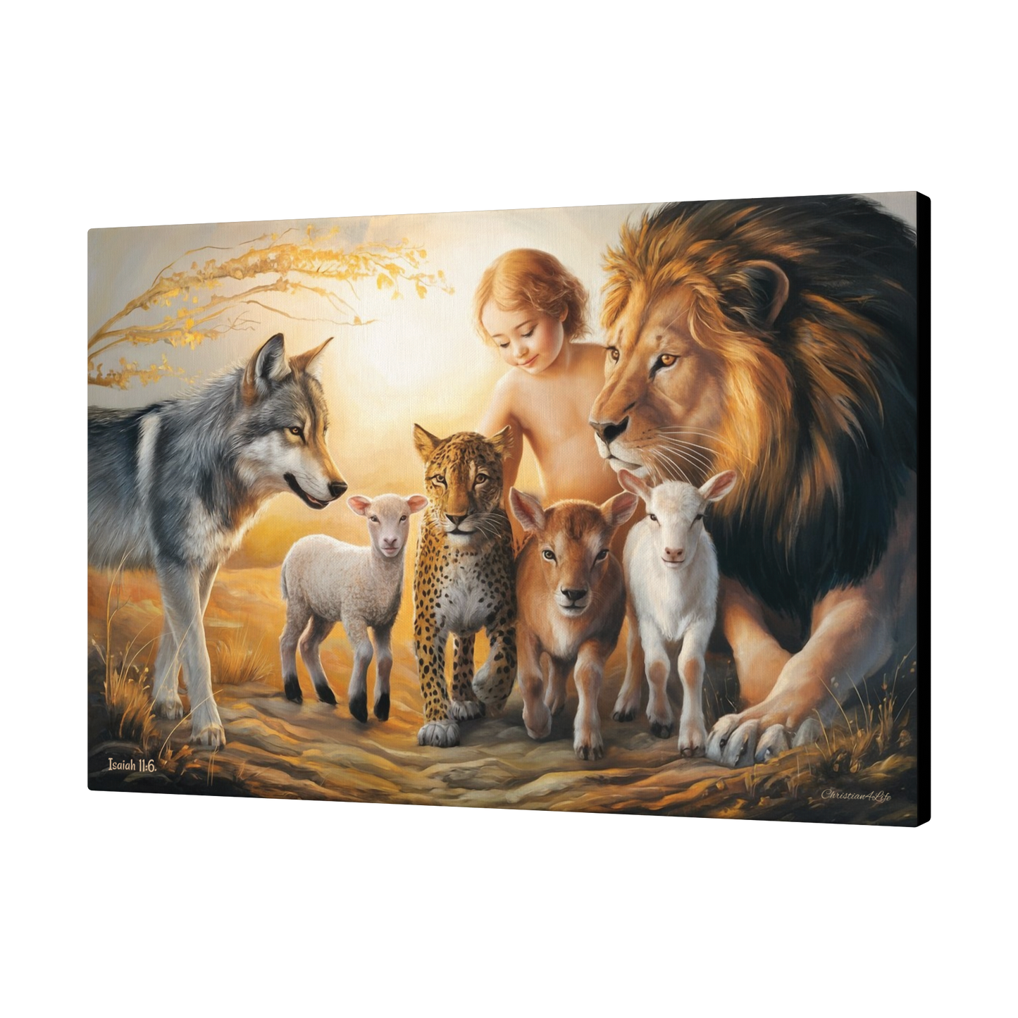 Canvas print of a child surrounded by a lion, wolf, leopard, deer, and goat in a warm, golden light.