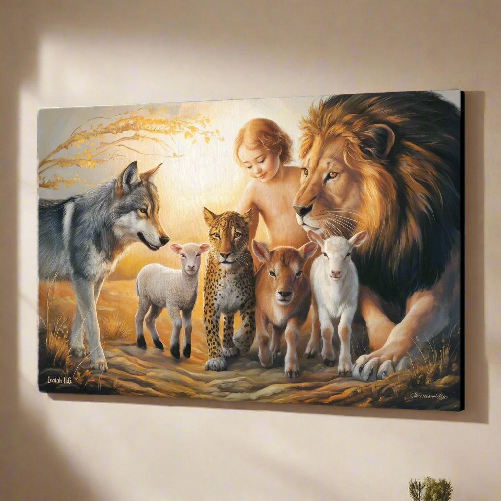 Canvas print of a child surrounded by a lion, wolf, leopard, deer, and lamb on a beige wall.
