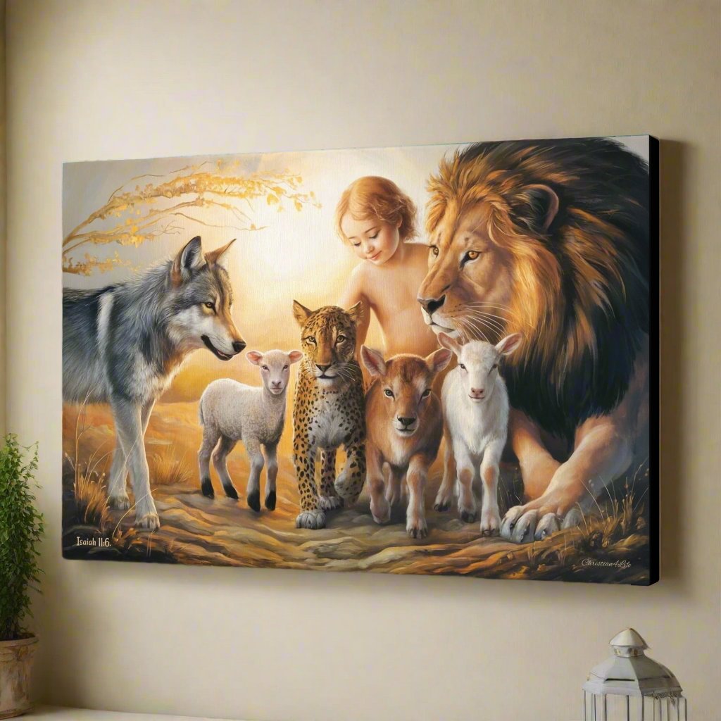 Canvas print of a diverse group of animals and a child standing together on a wall.