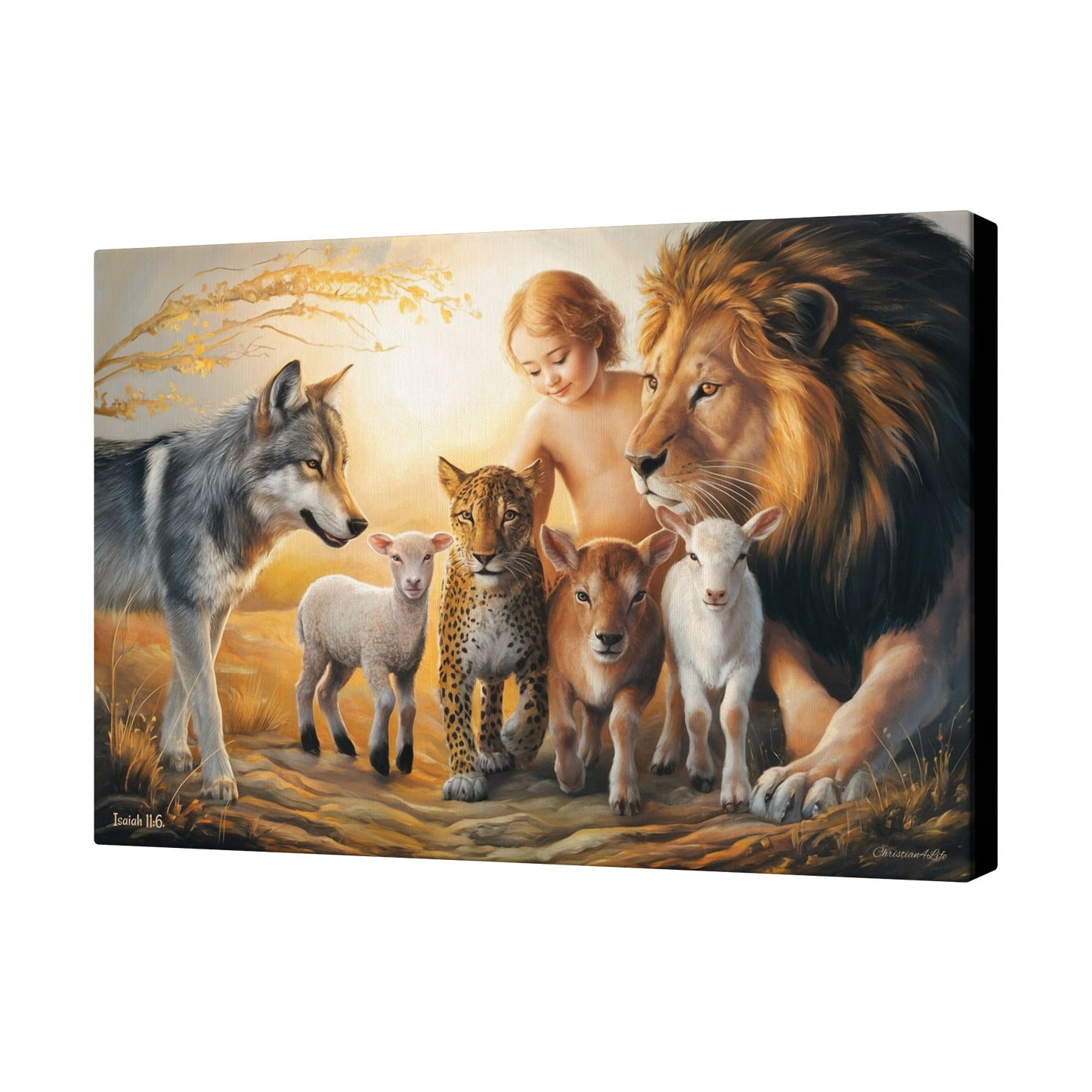 Canvas print of a child surrounded by a lion, wolf, leopard, and two lambs in a natural setting.