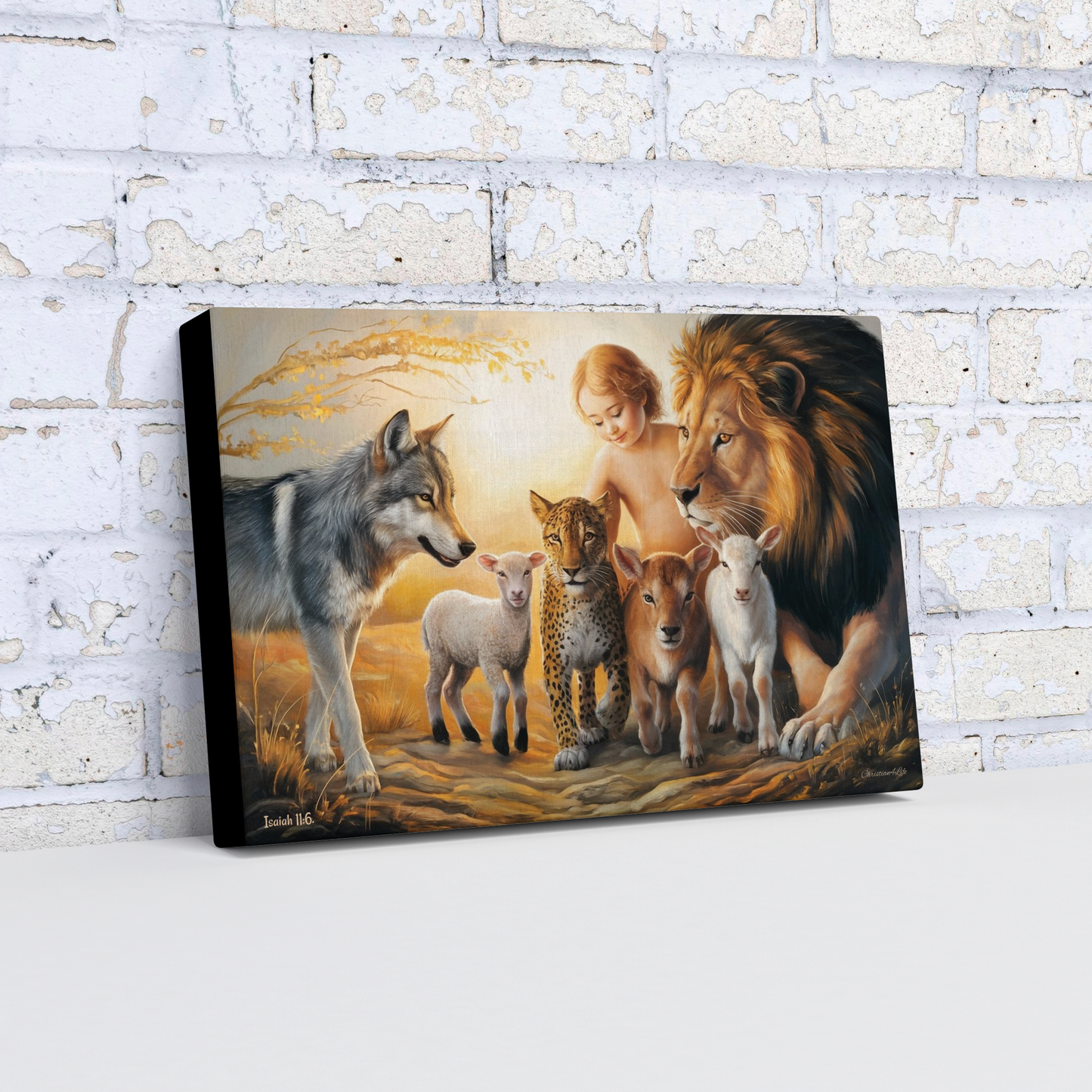 Canvas print of a diverse group of animals and a child against a brick wall.