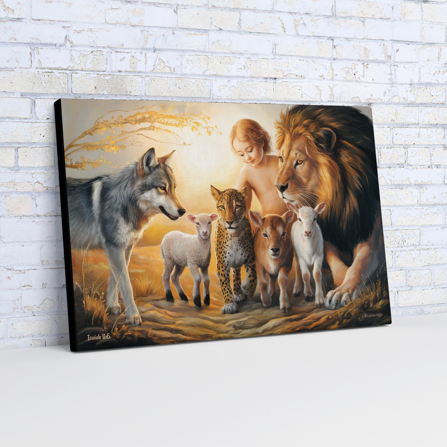 Canvas print of a diverse group of animals and a child against a brick wall.