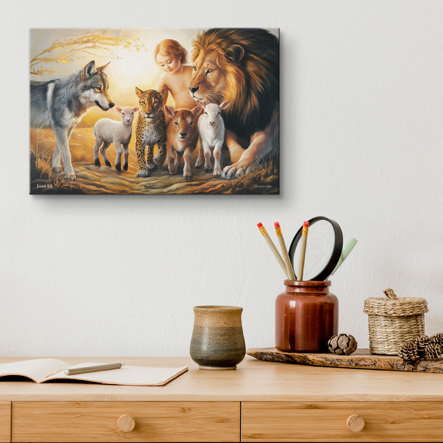 Canvas print of a scene with a lion, wolf, and sheep on a wall above a wooden desk.