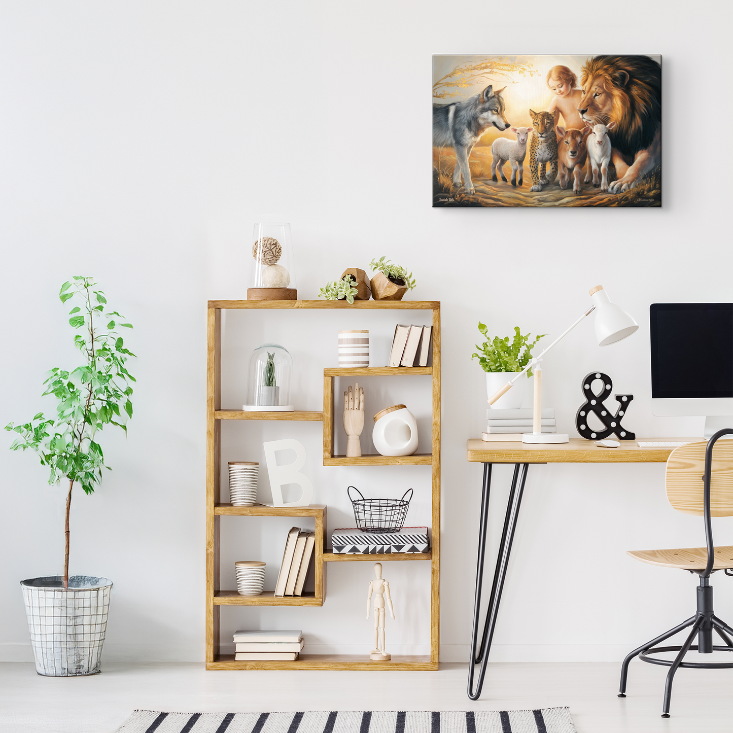 Modern office space with wooden bookshelf, desk, and decorative items.