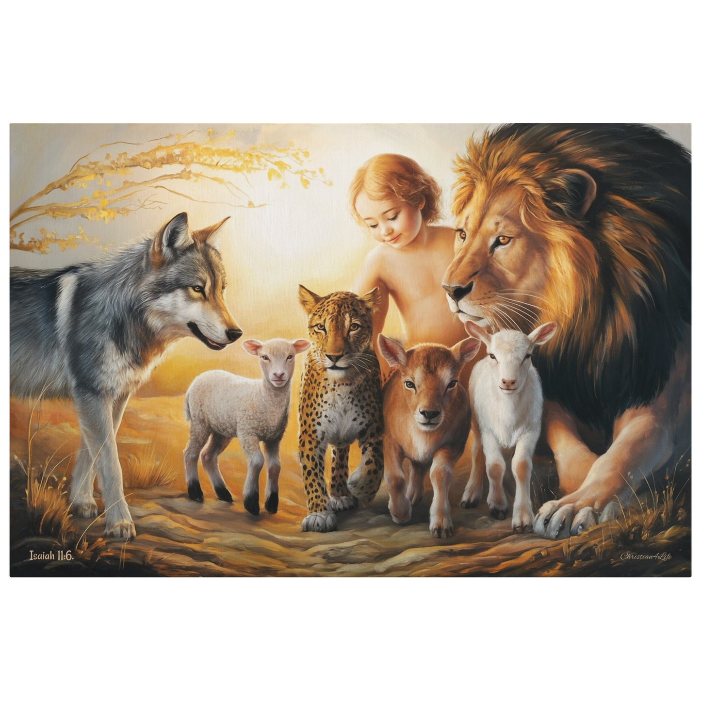 Painting of a child surrounded by a lion, wolf, leopard, deer, and sheep in a natural setting.