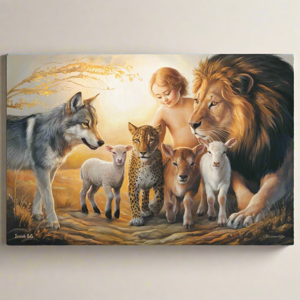 Canvas print of a child surrounded by a lion, wolf, leopard, and two sheep in a natural setting.