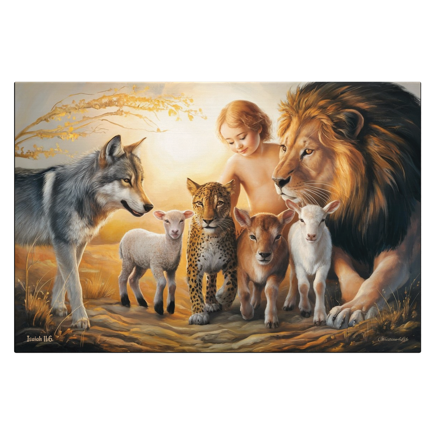 Painting of a child surrounded by a lion, wolf, leopard, and two lambs in a natural setting.