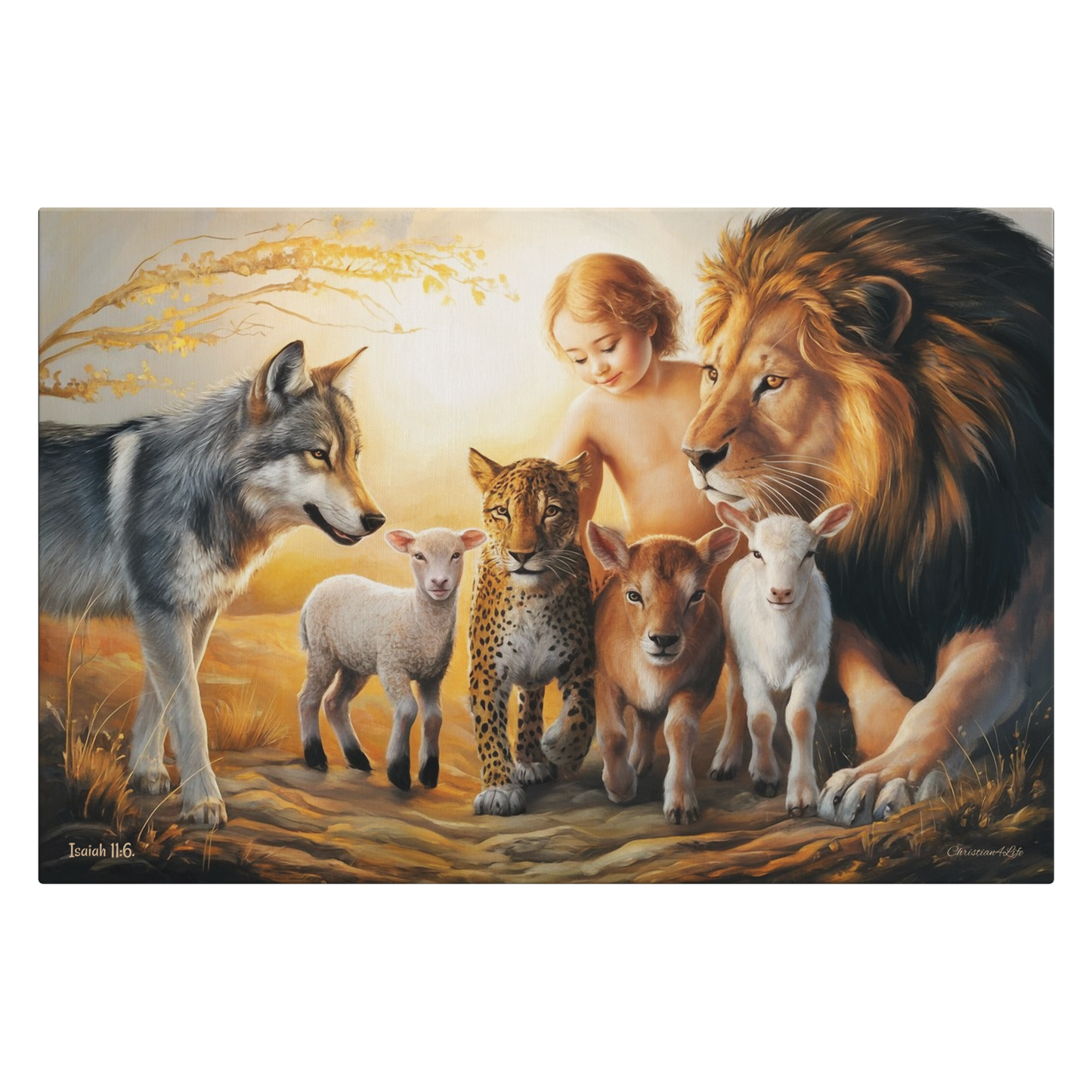 Painting of a child surrounded by a lion, wolf, leopard, and two lambs in a natural setting.