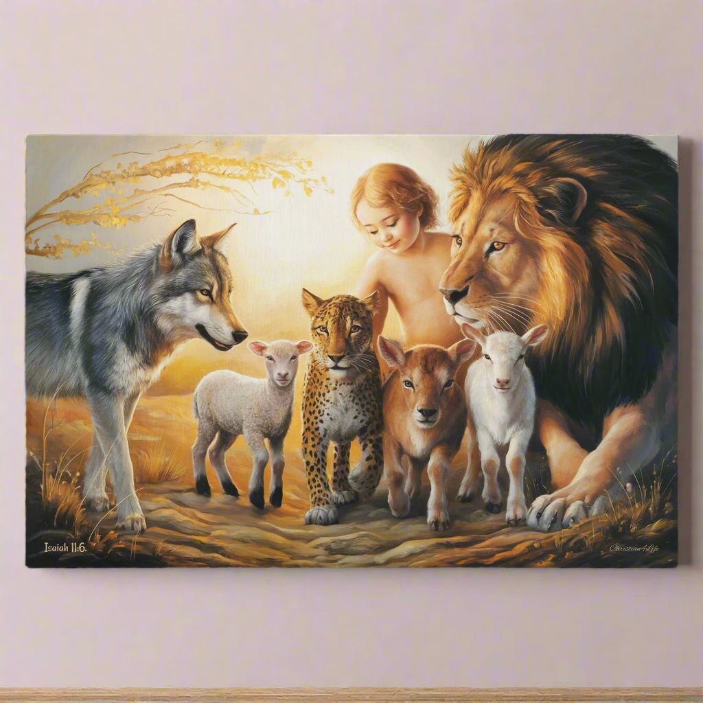 Canvas print of a child surrounded by a lion, wolf, leopard, deer, and sheep on a grassy path with a sunset background.
