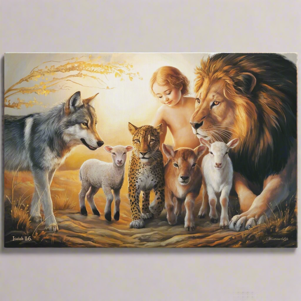 Painting of a child surrounded by a lion, wolf, leopard, deer, and sheep with a sunset background.