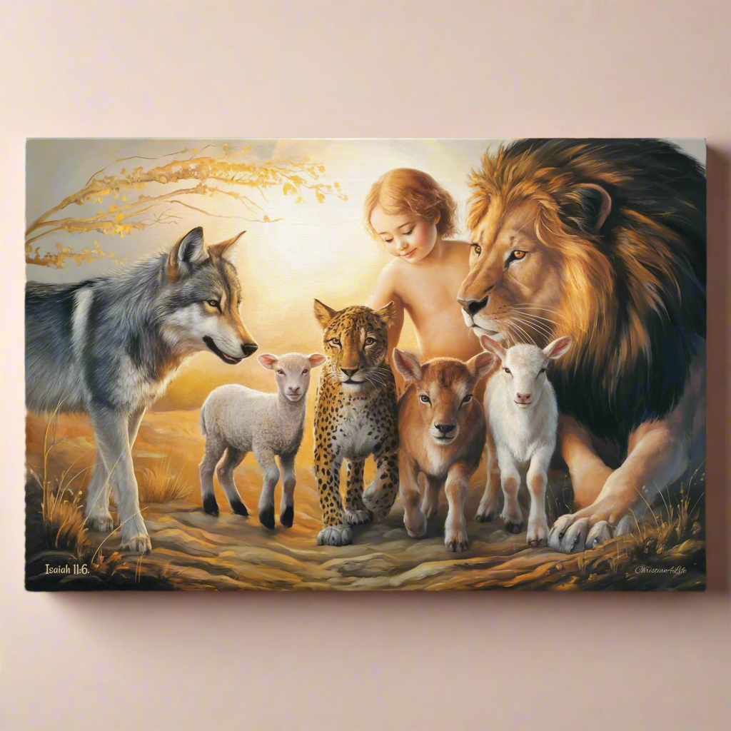Canvas print of a child surrounded by a lion, wolf, leopard, and two lambs on a path.