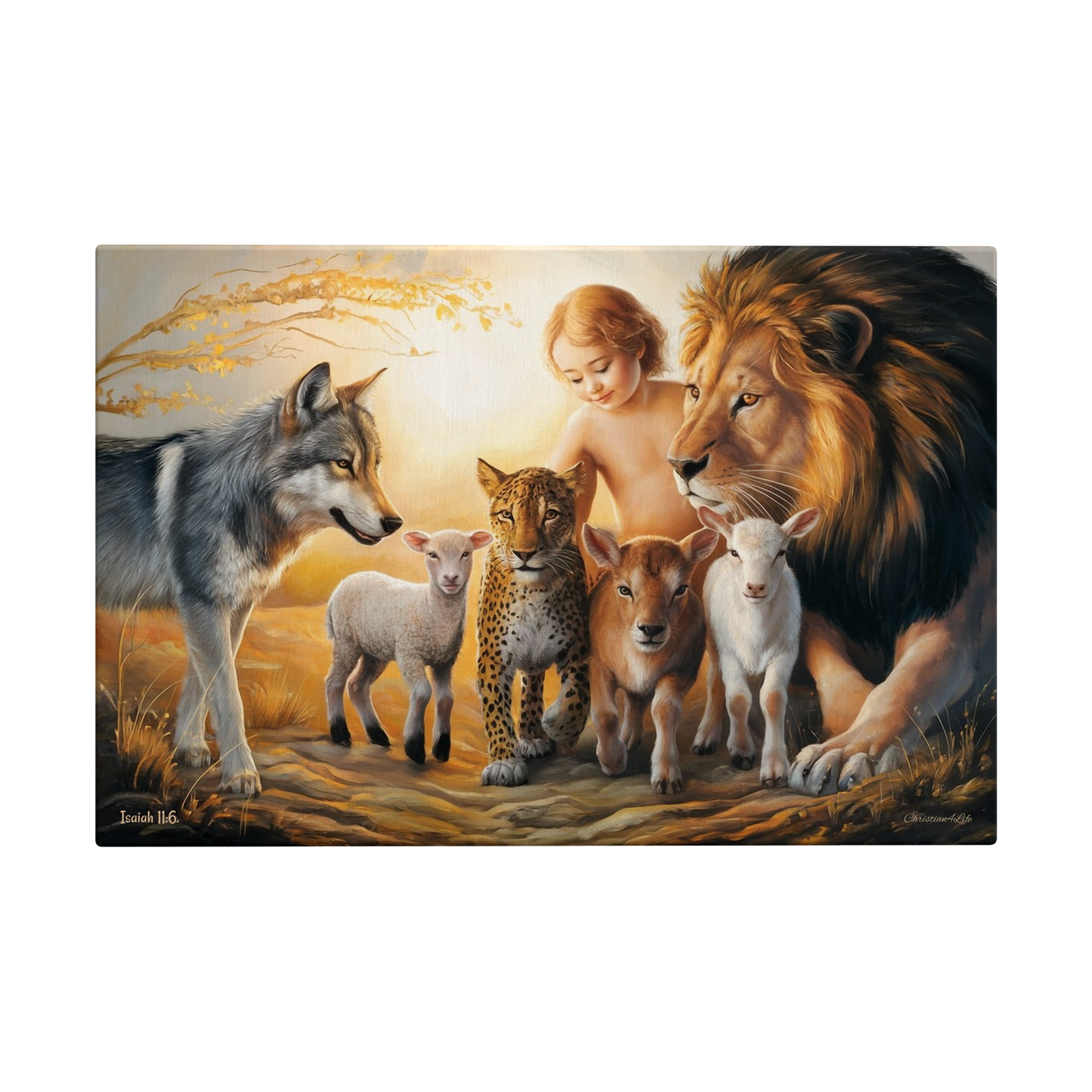 Painting of a child surrounded by a lion, wolf, and four animals in a natural setting.