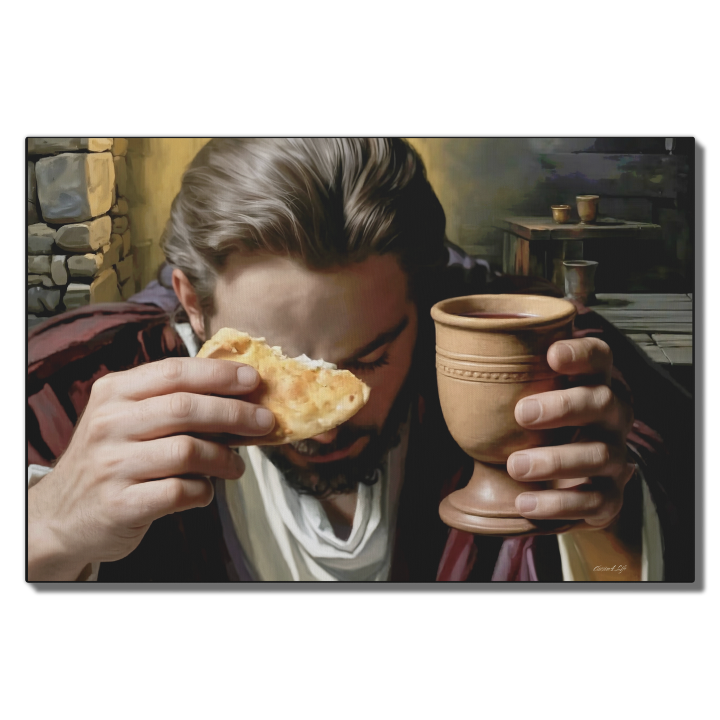 Painting of Jesus holding bread and a cup, set against a stone wall background.