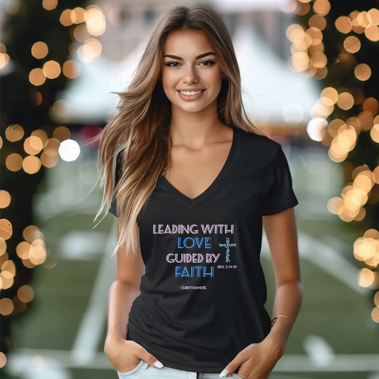 Leading with Love-Women’s Jersey Short Sleeve Deep V-Neck Tee - T-Shirt