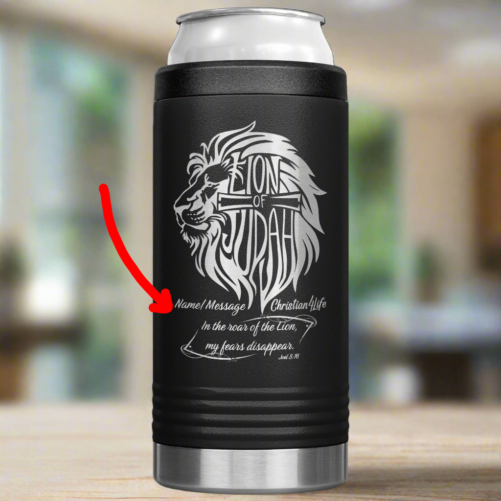 Lion of Judah, Joel 3:16, Personalized 12oz coozie - stainless steel Insulated Christian Tumbler