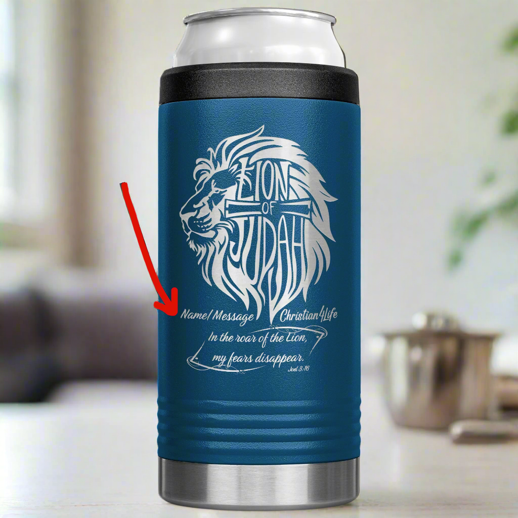 Lion of Judah, Joel 3:16, Personalized 12oz coozie - stainless steel Insulated Christian Tumbler