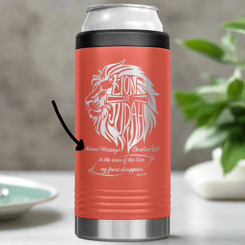 Lion of Judah, Joel 3:16, Personalized 12oz coozie - stainless steel Insulated Christian Tumbler