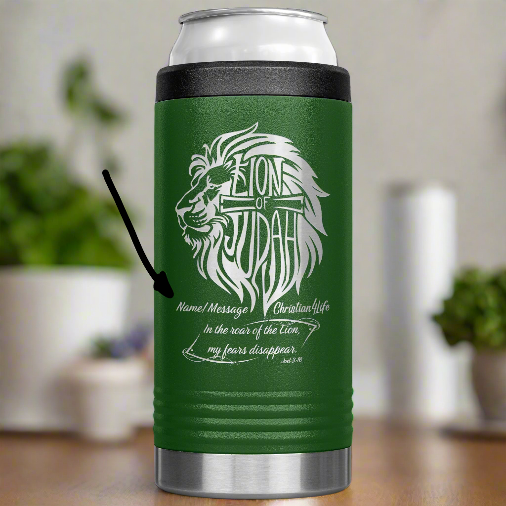 Lion of Judah, Joel 3:16, Personalized 12oz coozie - stainless steel Insulated Christian Tumbler