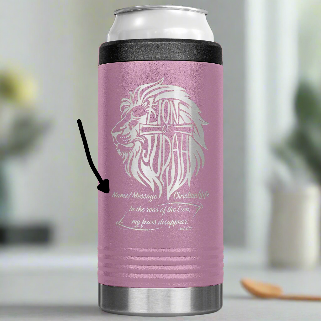 Lion of Judah, Joel 3:16, Personalized 12oz coozie - stainless steel Insulated Christian Tumbler