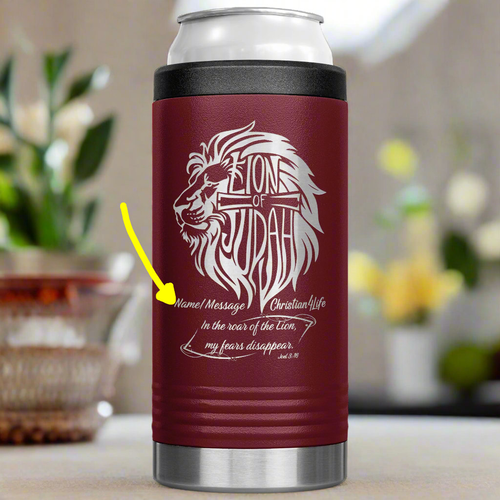 Lion of Judah, Joel 3:16, Personalized 12oz coozie - stainless steel Insulated Christian Tumbler