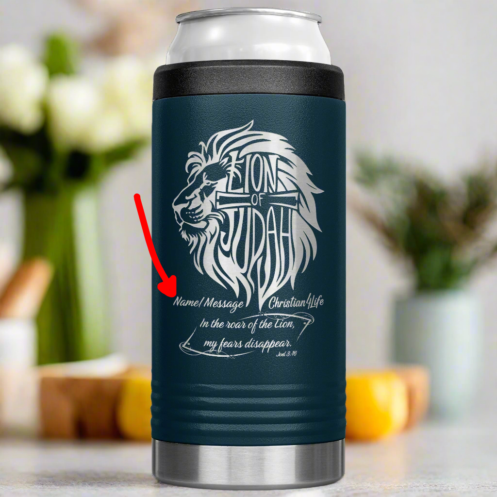 Lion of Judah, Joel 3:16, Personalized 12oz coozie - stainless steel Insulated Christian Tumbler