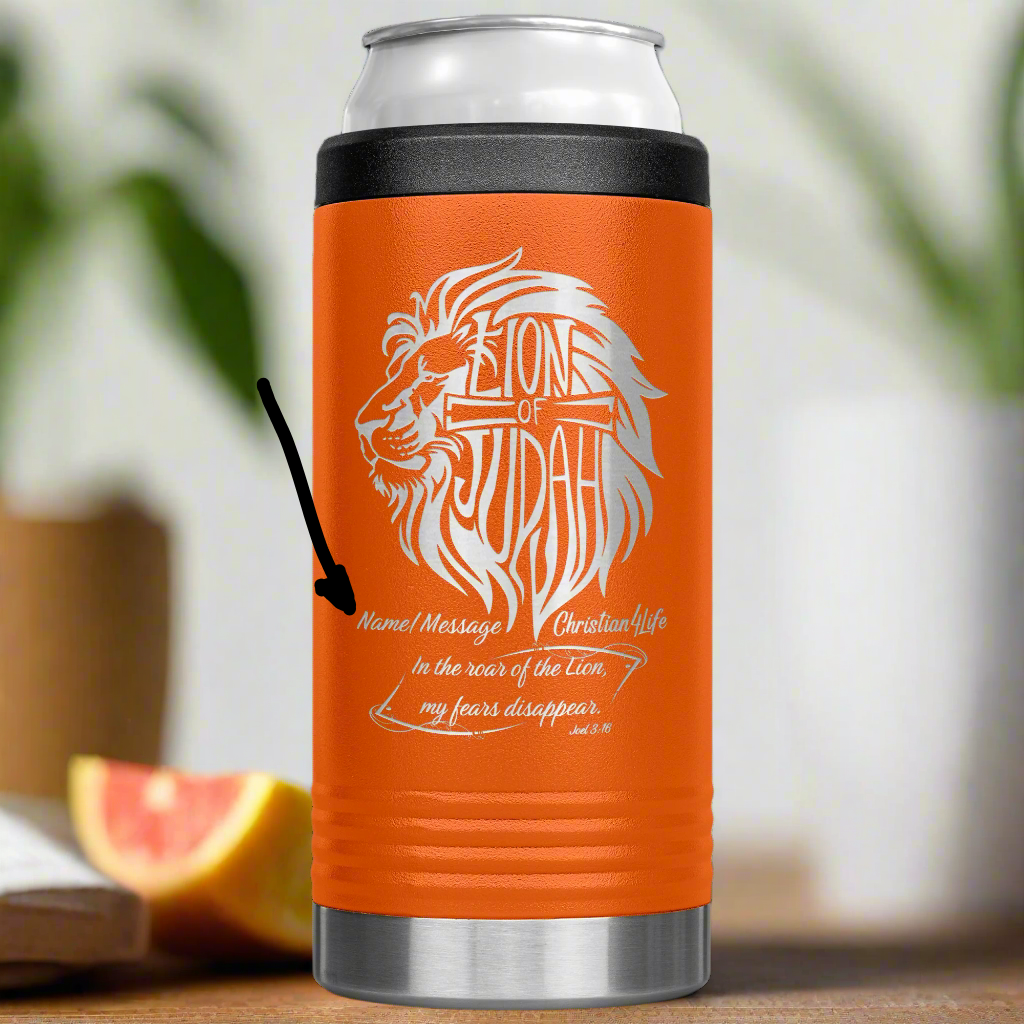 Lion of Judah, Joel 3:16, Personalized 12oz coozie - stainless steel Insulated Christian Tumbler