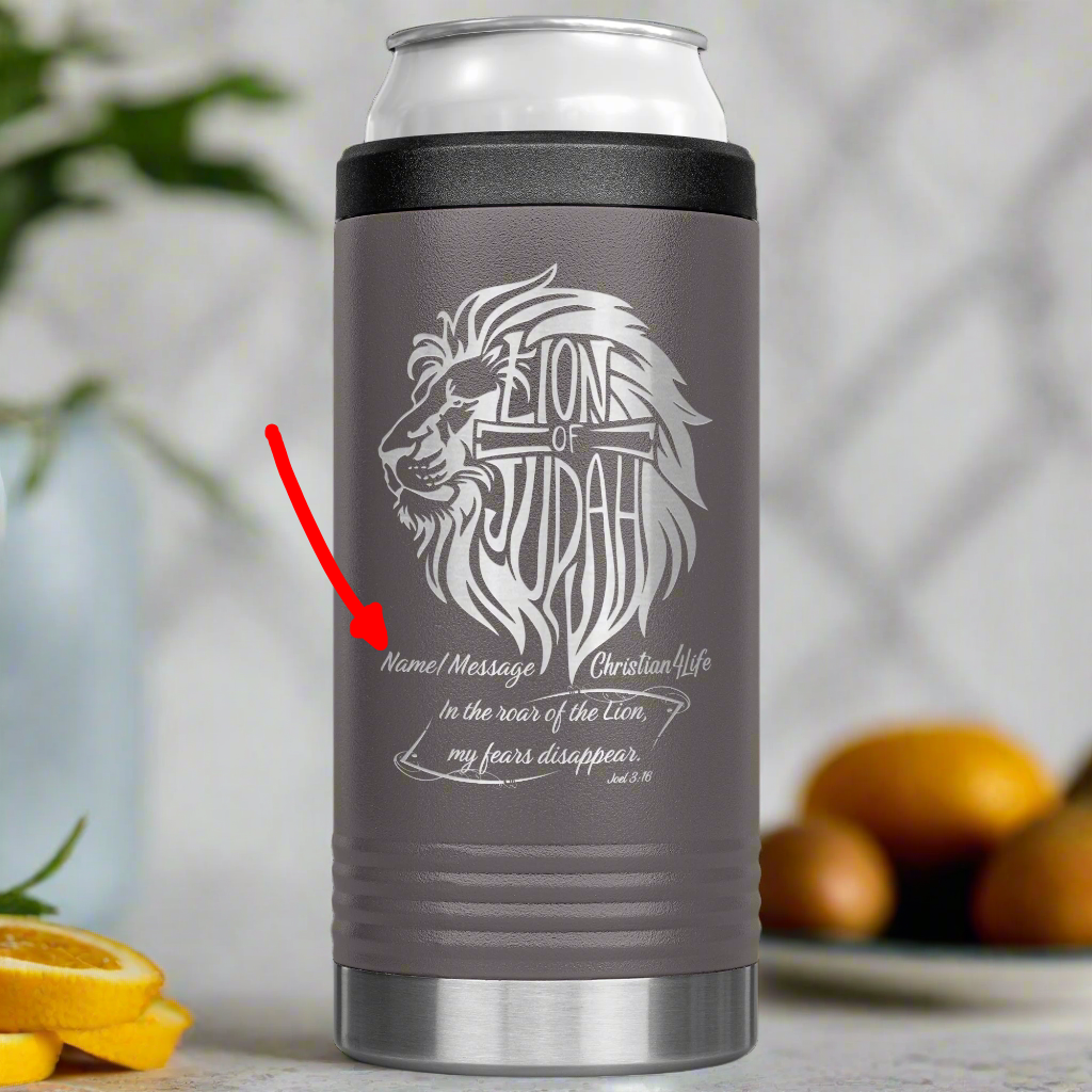Lion of Judah, Joel 3:16, Personalized 12oz coozie - stainless steel Insulated Christian Tumbler