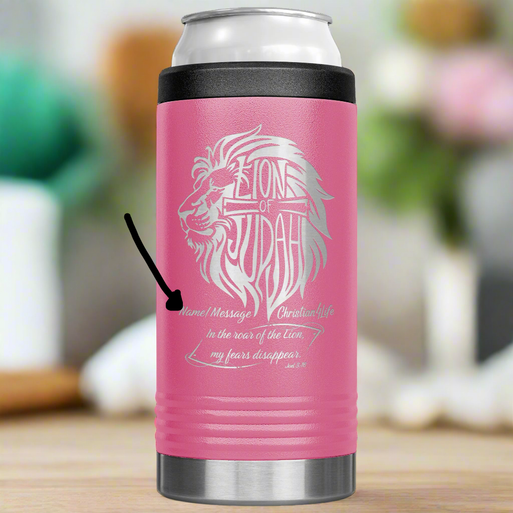 Lion of Judah, Joel 3:16, Personalized 12oz coozie - stainless steel Insulated Christian Tumbler