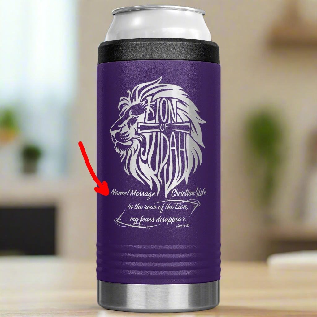 Lion of Judah, Joel 3:16, Personalized 12oz coozie - stainless steel Insulated Christian Tumbler